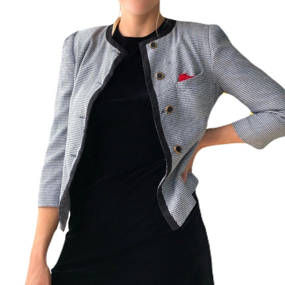 Vintage Karen Ellis Petites 80's Black & White Houndstooth Suit Jacket Size 10